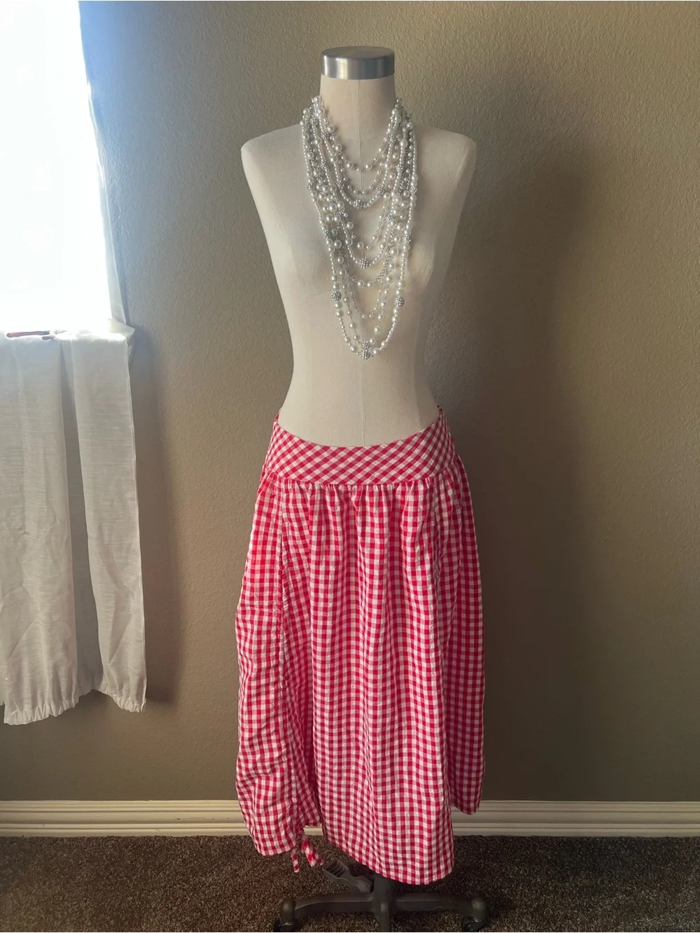 Red Gingham Ruched Western Boho Cottagecore Midi Skirt - Waist is about 28”